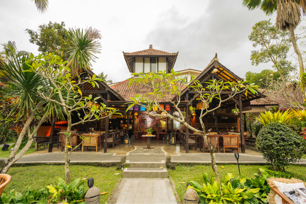 Traditional Balinese yoga retreat venue at House of Om Bali surrounded by tropical gardens, home to Yoga Alliance-certified Yoga Teacher Training programs.