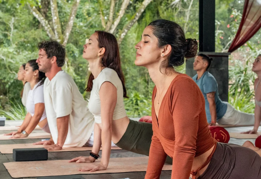 Yoga teacher training students practicing upward-facing dog in a tropical yoga studio