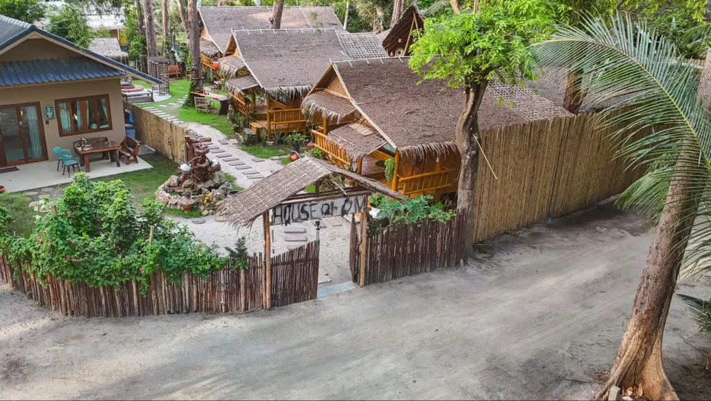 House of Om yoga teacher training campus with bamboo accommodation surrounded by tropical greenery