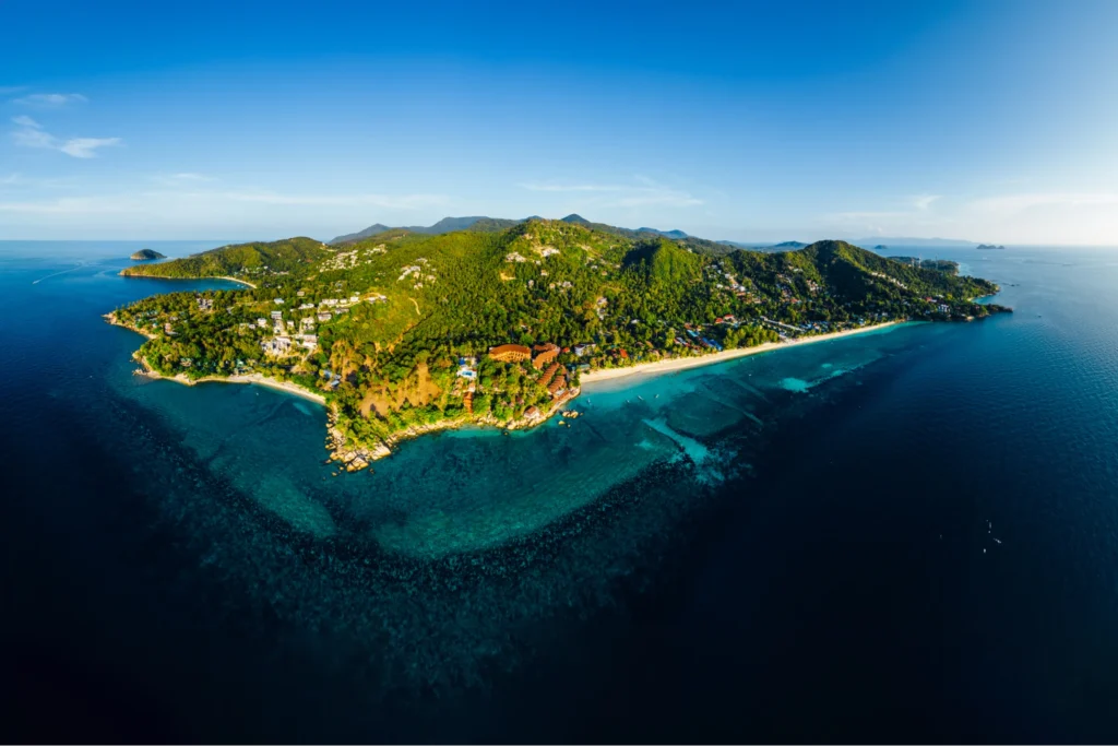 Aerial view of a tropical island in Thailand near the yoga teacher training location