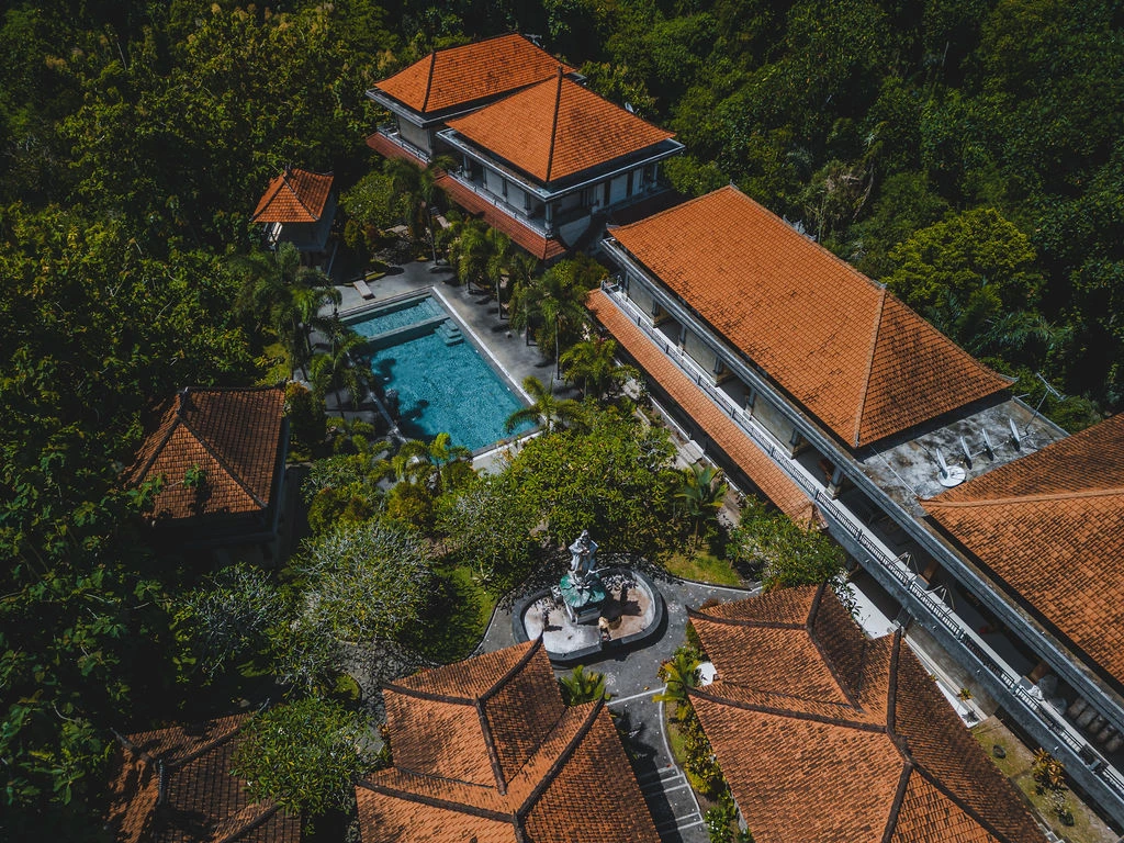 Aerial view of Amertham yoga teacher training campus and swimming pool in Bali