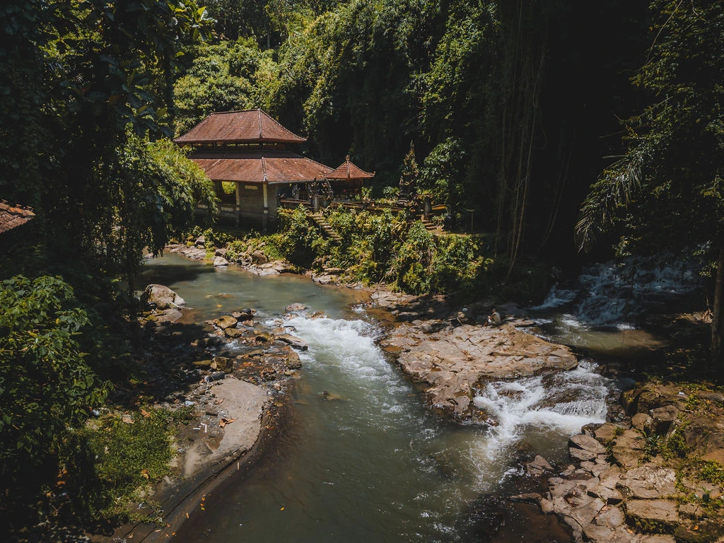 Natural jungle river and yoga pavilion near Amertham in Bali