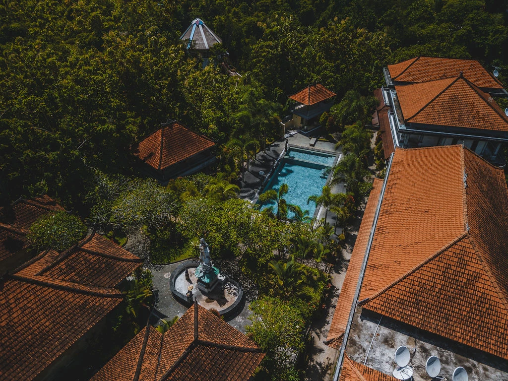 Drone view of Amertham campus surrounded by tropical greenery in Bali