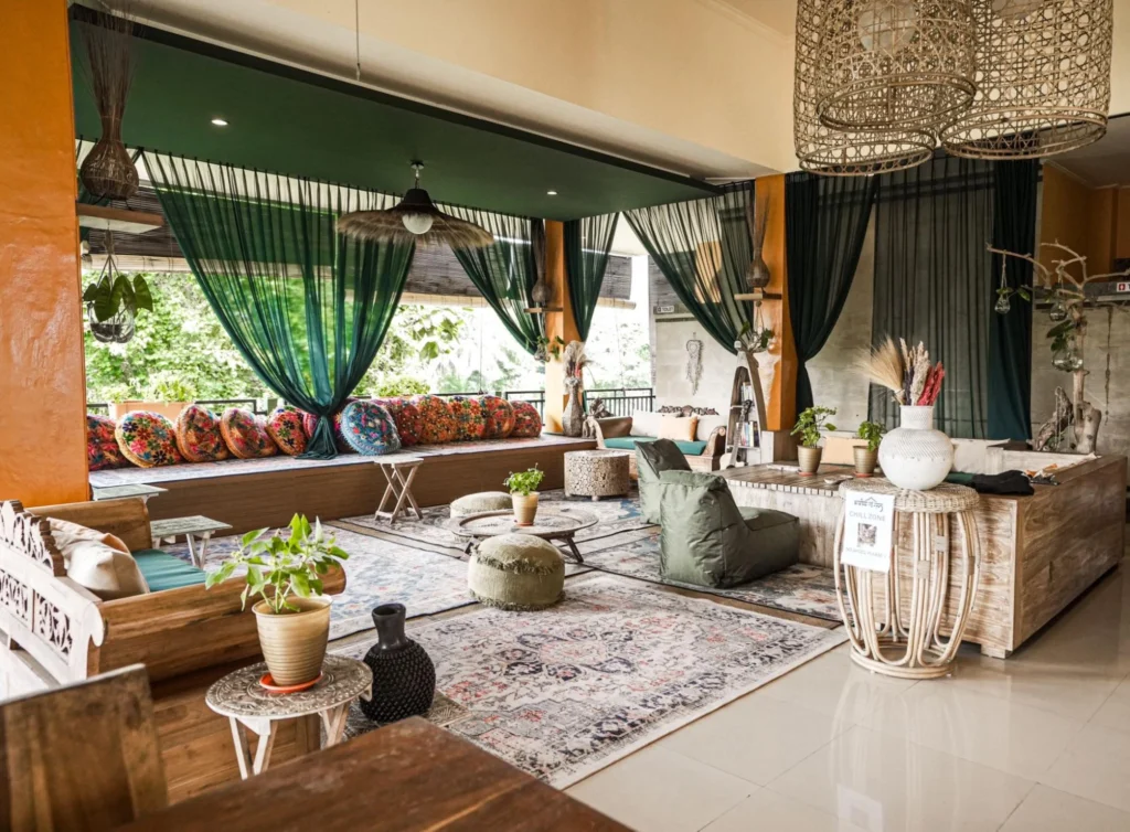 Comfortable communal lounge area at Amertham yoga training center in Bali