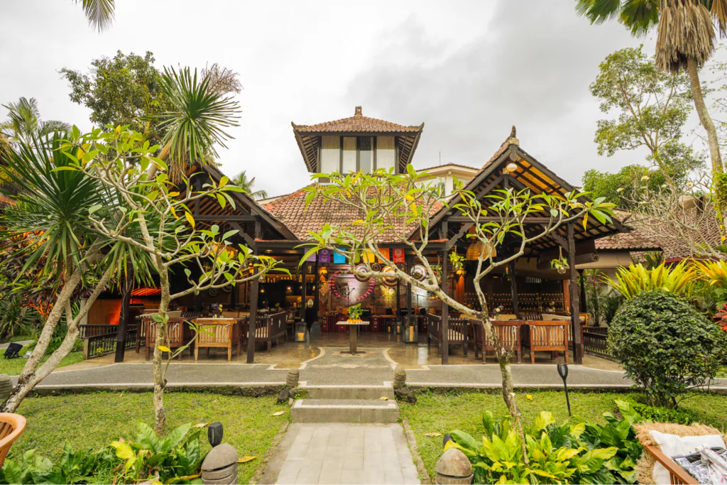 Traditional Balinese yoga retreat venue at House of Om Bali surrounded by tropical gardens, home to Yoga Alliance-certified Yoga Teacher Training programs.